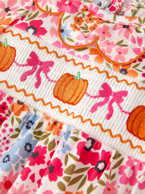 Fall Halloween & Thanksgiving Pumpkin Bow Smock Embroidered Floral Baby Girl Romper — view 8