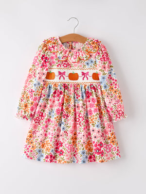 Fall Halloween & Thanksgiving Pumpkin Bow Smock Embroidered Floral Dress — view 5