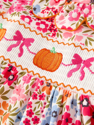 Fall Halloween & Thanksgiving Pumpkin Bow Smock Embroidered Floral Dress — view 7