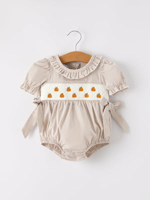 Fall Halloween & Thanksgiving Pumpkin Embroidery Smock Plaid Baby Girl Romper — view 6