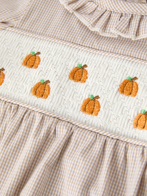 Fall Halloween & Thanksgiving Pumpkin Embroidery Smock Plaid Baby Girl Romper — view 9