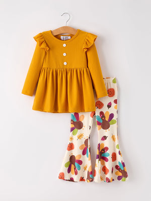 Fall Halloween & Thanksgiving Pumpkin Turkey Print Girls Long Sleeve Set — view 6