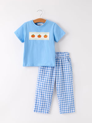 Fall Thanksgiving& Halloween Blue Pumpkin Smock Embroidery Baby Boy'Set — view 6