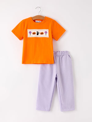 Fall Halloween Purple Balloon Pumpkin Cat Smock Embroidery Boy Set — view 1