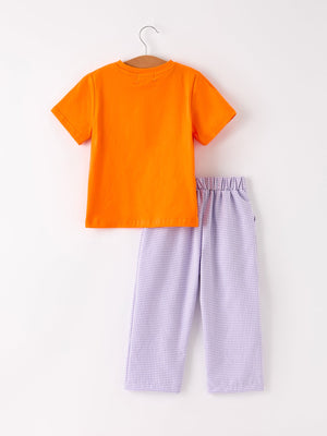 Fall Halloween Purple Balloon Pumpkin Cat Smock Embroidery Boy Set — view 2