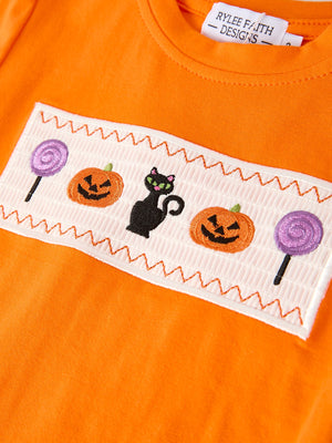 Fall Halloween Purple Balloon Pumpkin Cat Smock Embroidery Boy Set — view 4