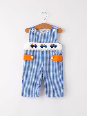 Fall Thanksgiving & Halloween Truck Smock Embroidery Baby Boy Romper — view 1