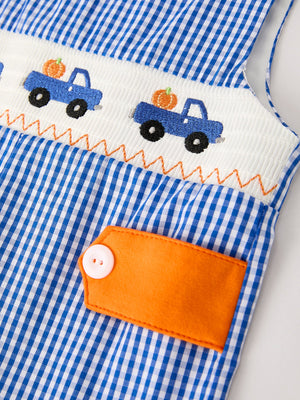 Fall Thanksgiving & Halloween Truck Smock Embroidery Baby Boy Romper — view 4
