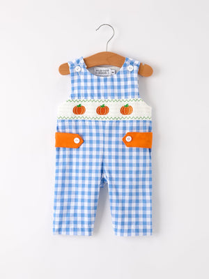 Fall Thanksgiving& Halloween Blue Pumpkin Smock Embroidery Baby Boy Romper — view 1