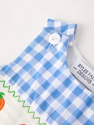 Fall Thanksgiving& Halloween Blue Pumpkin Smock Embroidery Baby Boy Romper — view 3