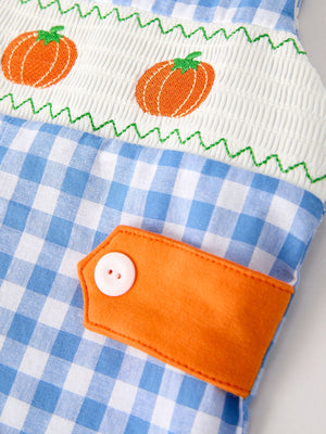 Fall Thanksgiving& Halloween Blue Pumpkin Smock Embroidery Baby Boy Romper — view 4