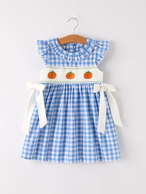 Fall Thanksgiving& Halloween Blue Pumpkin Smock Embroidery Baby Girl Dress — view 7