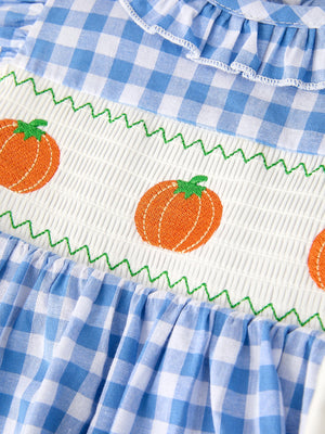 Fall Thanksgiving& Halloween Blue Pumpkin Smock Embroidery Baby Girl Dress — view 9
