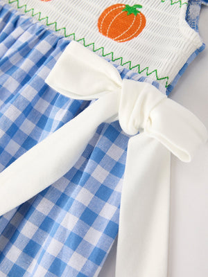 Fall Thanksgiving& Halloween Blue Pumpkin Smock Embroidery Baby Girl Dress — view 10