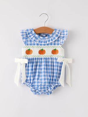 Fall Thanksgiving& Halloween Blue Pumpkin Smock Embroidery Baby Girl Romper — view 6