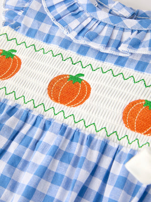 Fall Thanksgiving& Halloween Blue Pumpkin Smock Embroidery Baby Girl Romper — view 8