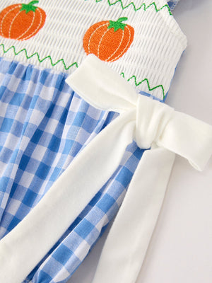 Fall Thanksgiving& Halloween Blue Pumpkin Smock Embroidery Baby Girl Romper — view 9