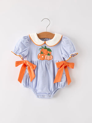 Fall Thanksgiving and Halloween Lapel Stripe Pumpkin Applique Bow Girls Romper — view 1