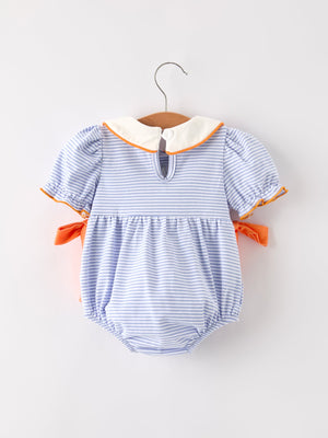 Fall Thanksgiving and Halloween Lapel Stripe Pumpkin Applique Bow Girls Romper — view 2
