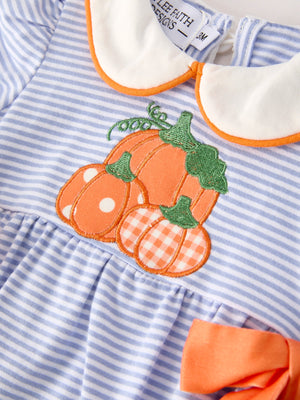 Fall Thanksgiving and Halloween Lapel Stripe Pumpkin Applique Bow Girls Romper — view 3