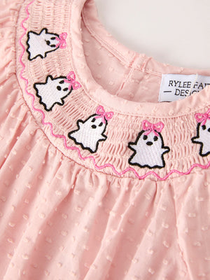 Autumn Halloween Light Pink Ghost Embroidery Smock Floral Girls Romper — view 3