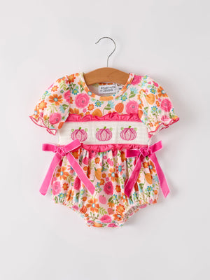Autumn Halloween Thanksgiving Pumpkin Embroidery Smock Floral Girls Romper — view 1