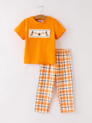 Fall Halloween Orange Embroidery Smocking Boys Set — view 1