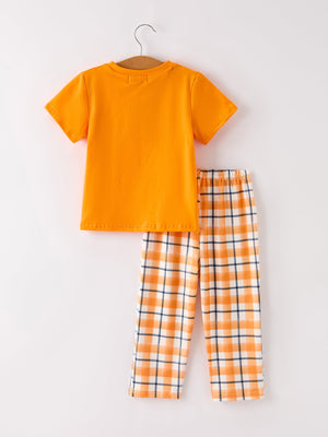 Fall Halloween Orange Embroidery Smocking Boys Set — view 2