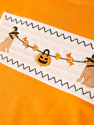 Fall Halloween Orange Embroidery Smocking Boys Set — view 4