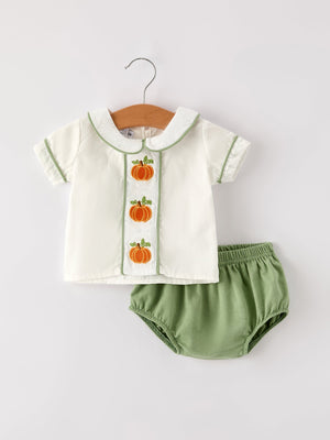 Fall Halloween & Thanksgiving Applique Plaid Boys Bloomers Romper Set — view 1