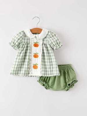 Fall Halloween & Thanksgiving Applique Plaid Girls Bloomers Romper Set — view 6