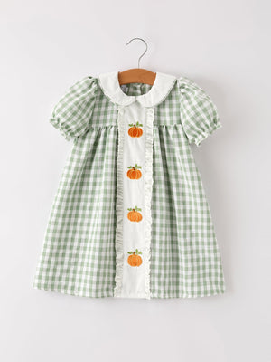 Fall Halloween & Thanksgiving Pumpkin Applique Plaid Green Girls Dress — view 6