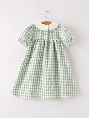 Fall Halloween & Thanksgiving Pumpkin Applique Plaid Green Girls Dress — view 7