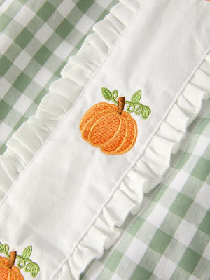 Fall Halloween & Thanksgiving Pumpkin Applique Plaid Green Girls Dress — view 8
