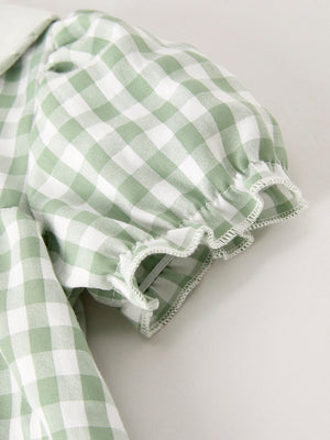 Fall Halloween & Thanksgiving Pumpkin Applique Plaid Green Girls Dress — view 9