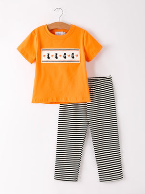 Halloween Striped Boy Set with Cat Smocking Embroidery –  Perfect for Fall — view 1