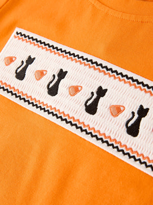 Halloween Striped Boy Set with Cat Smocking Embroidery –  Perfect for Fall — view 4