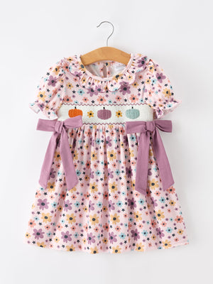 Halloween Thanksgiving Pumpkin Floral Bow Girls Dress — view 1