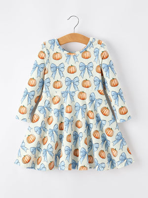 Halloween Thanksgiving Pumpkin Bow Girls Dress Long Sleeve — view 2