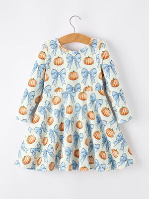 Halloween Thanksgiving Pumpkin Bow Girls Dress Long Sleeve — view 1