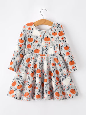 Halloween Pumpkin Ghost Girls Dress Long Sleeve Twirl Dress — view 8
