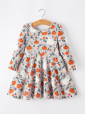 Halloween Pumpkin Ghost Girls Dress Long Sleeve Twirl Dress — view 7