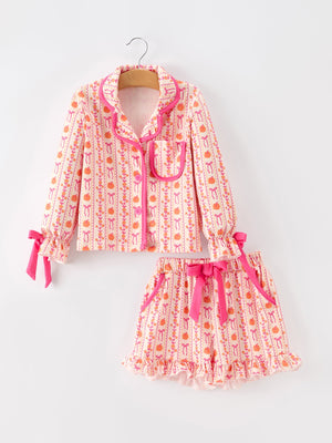 Halloween Thanksgiving Pumpkin Bow Girls Pajama Set — view 7