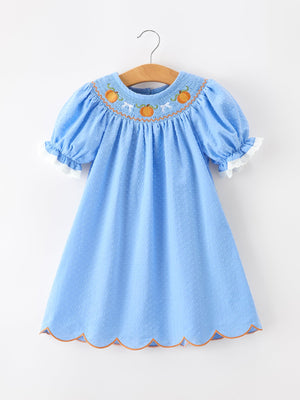 Blue Fall Thanksgiving&Halloween Pumpkin Smock Embroidery Lace Baby Girl Dress — view 6