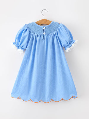 Blue Fall Thanksgiving&Halloween Pumpkin Smock Embroidery Lace Baby Girl Dress — view 7