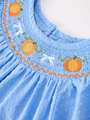 Blue Fall Thanksgiving&Halloween Pumpkin Smock Embroidery Lace Baby Girl Dress — view 8
