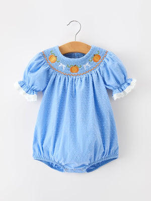 Halloween Thanksgiving Pumpkin Smocked Bubble Romper — view 6