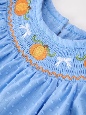 Halloween Thanksgiving Pumpkin Smocked Bubble Romper — view 8