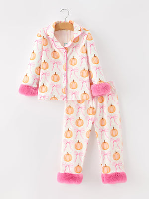 Halloween Thanksgiving Pumpkin Bow Fur Pajama Set — view 6