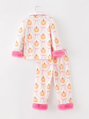 Halloween Thanksgiving Pumpkin Bow Fur Pajama Set — view 7